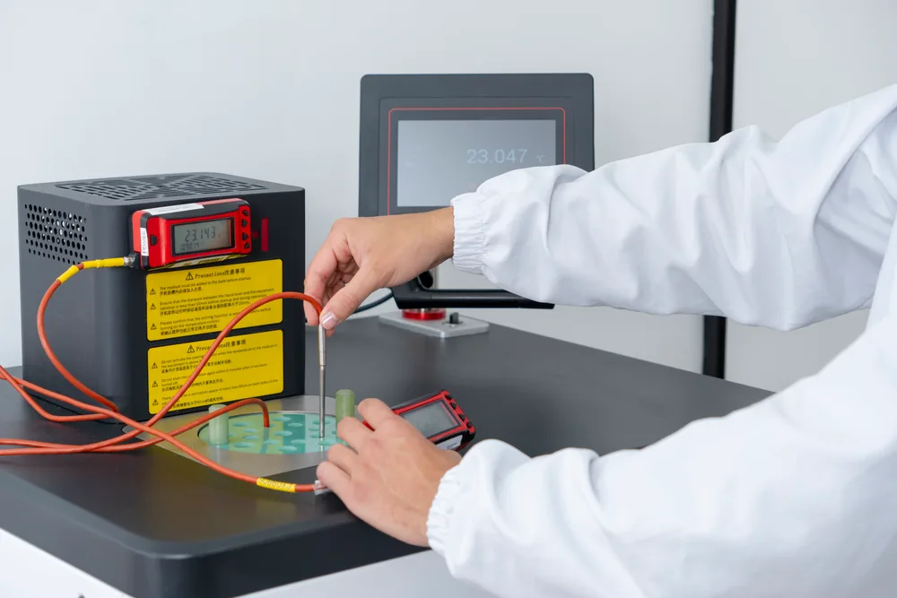 Sondas e indicadores durante una calibración en baño líquido en KubikaLab; imagen de referencia del proceso.