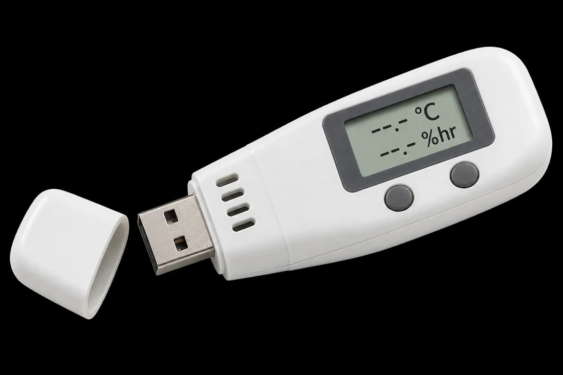 Ilustración de un registrador portátil de temperatura y humedad con pantalla y conector USB.