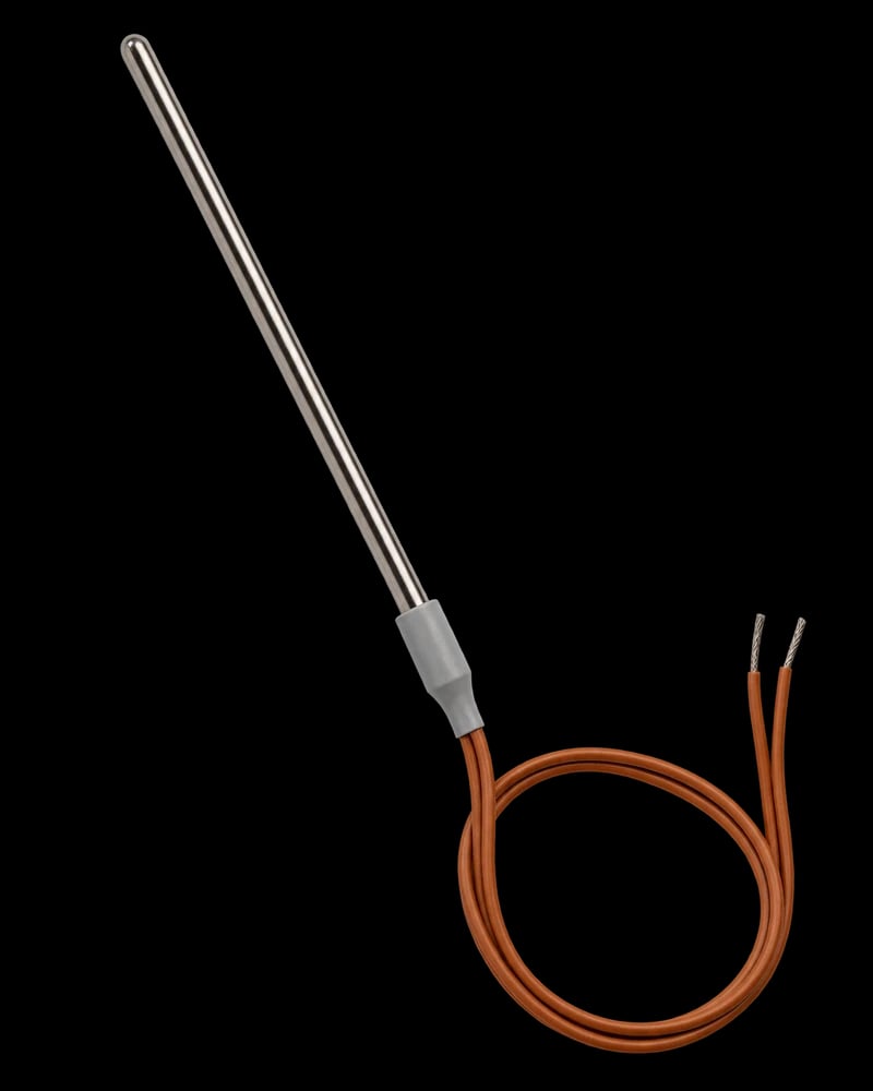 Ilustración de una sonda termopar con vaina metálica, transición moldeada y cable.