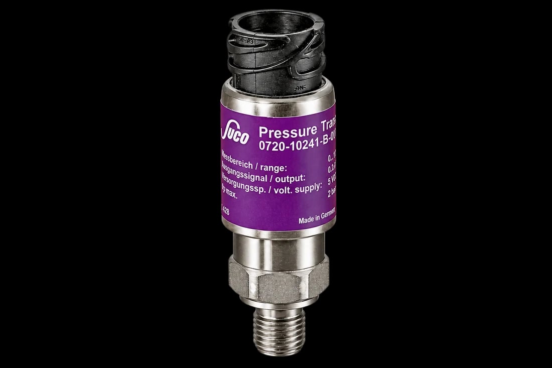 Transmisor de presión con etiqueta violeta y conector eléctrico negro, aislado de la composición de referencia.