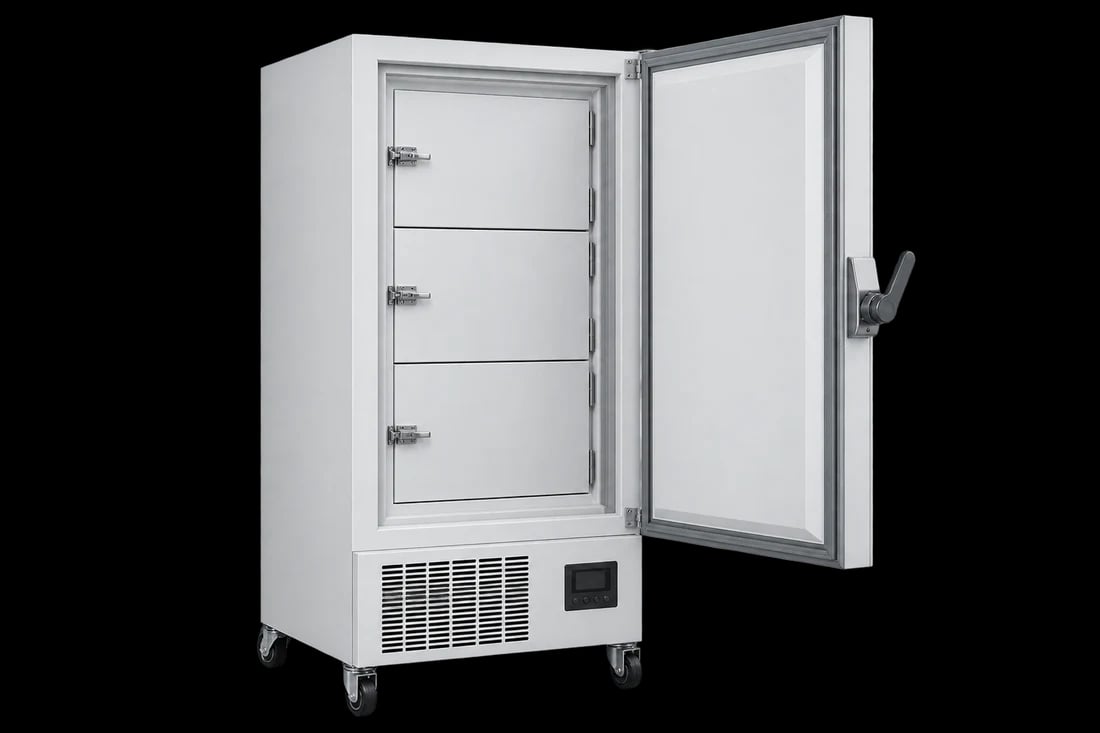 Ultracongelador vertical de laboratorio con puerta aislante abierta y compartimentos interiores cerrados; ilustración de referencia.